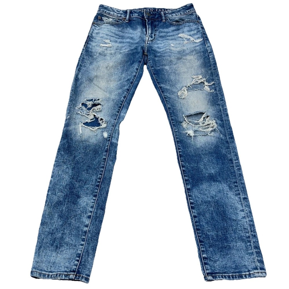 American Eagle Jeans Men 30x32 Skinny Fit Med Wash Faded Holes Ripped Airflex